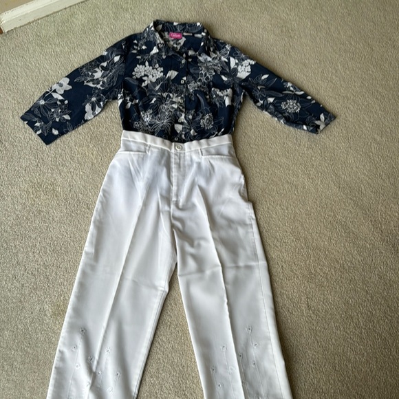 Tops - White pants & blue & white embroidered blouse